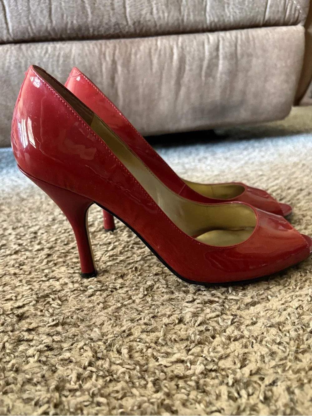 Nine West Red Patent Leather Peep-Toe Heels